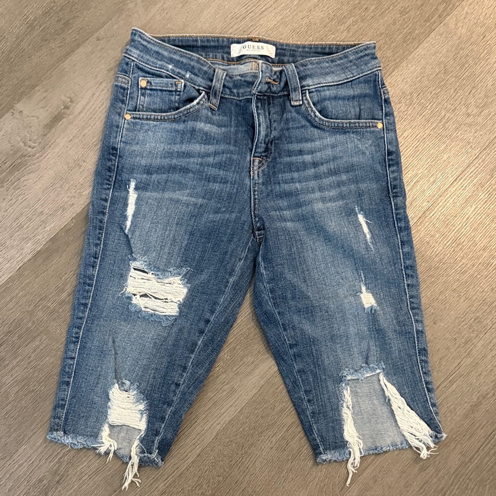 GUESS Women's Ripped Ankle Jeans in Blue